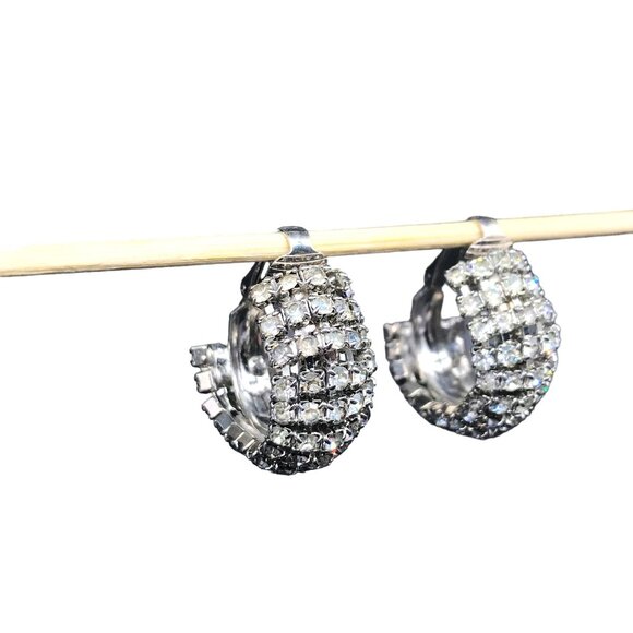 Vintage Crystal Encrusted Hoop Earrings, Clip On, Wide Hoops, Prong Set Rhinesto - Picture 3 of 7